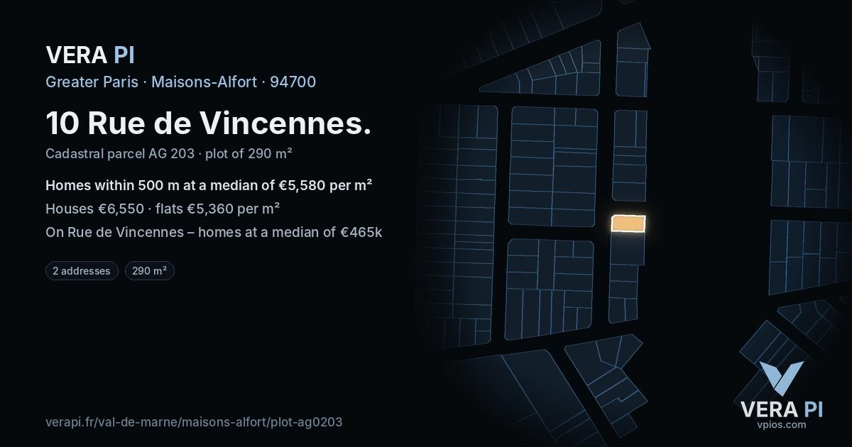 10 Rue de Vincennes, Maisons-Alfort at night – the plot lit, the parcels around coloured by the prices near them