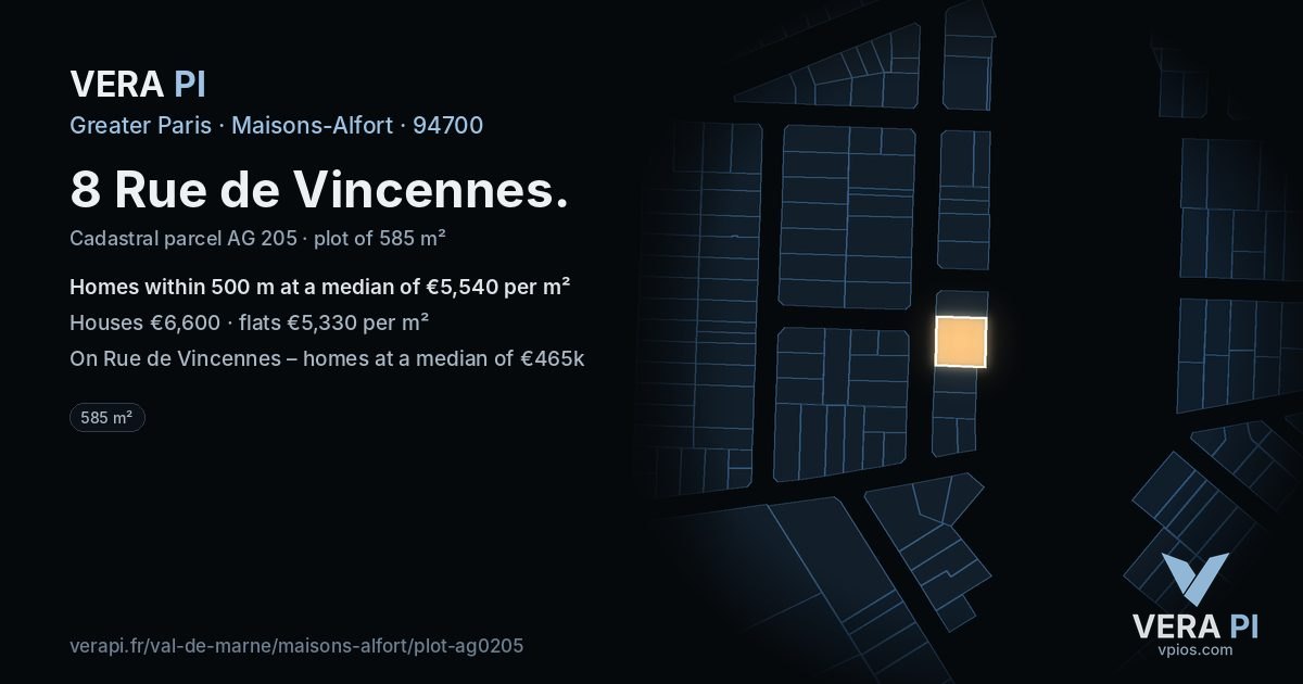 8 Rue de Vincennes, Maisons-Alfort at night – the plot lit, the parcels around coloured by the prices near them