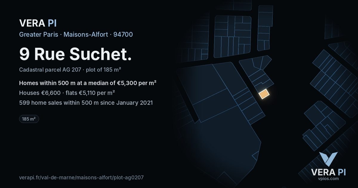 9 Rue Suchet, Maisons-Alfort at night – the plot lit, the parcels around coloured by the prices near them