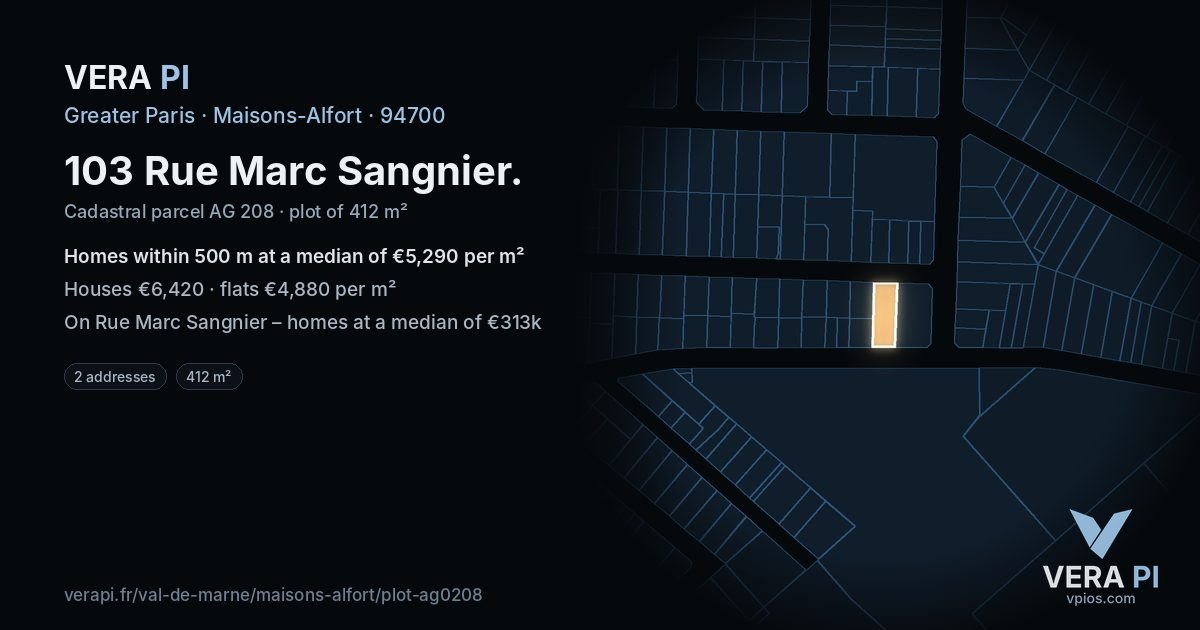 103 Rue Marc Sangnier, Maisons-Alfort at night – the plot lit, the parcels around coloured by the prices near them