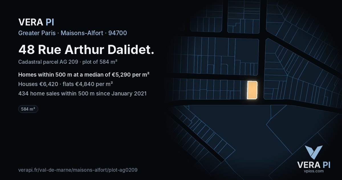 48 Rue Arthur Dalidet, Maisons-Alfort at night – the plot lit, the parcels around coloured by the prices near them