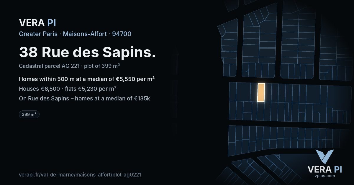 38 Rue des Sapins, Maisons-Alfort at night – the plot lit, the parcels around coloured by the prices near them
