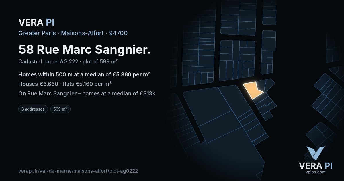 58 Rue Marc Sangnier, Maisons-Alfort at night – the plot lit, the parcels around coloured by the prices near them