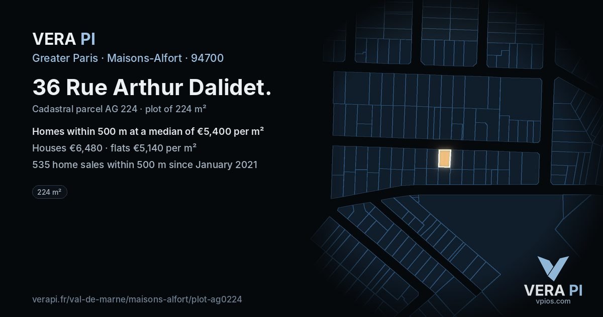 36 Rue Arthur Dalidet, Maisons-Alfort at night – the plot lit, the parcels around coloured by the prices near them