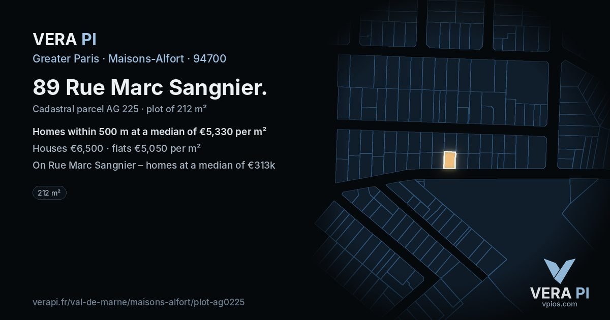 89 Rue Marc Sangnier, Maisons-Alfort at night – the plot lit, the parcels around coloured by the prices near them