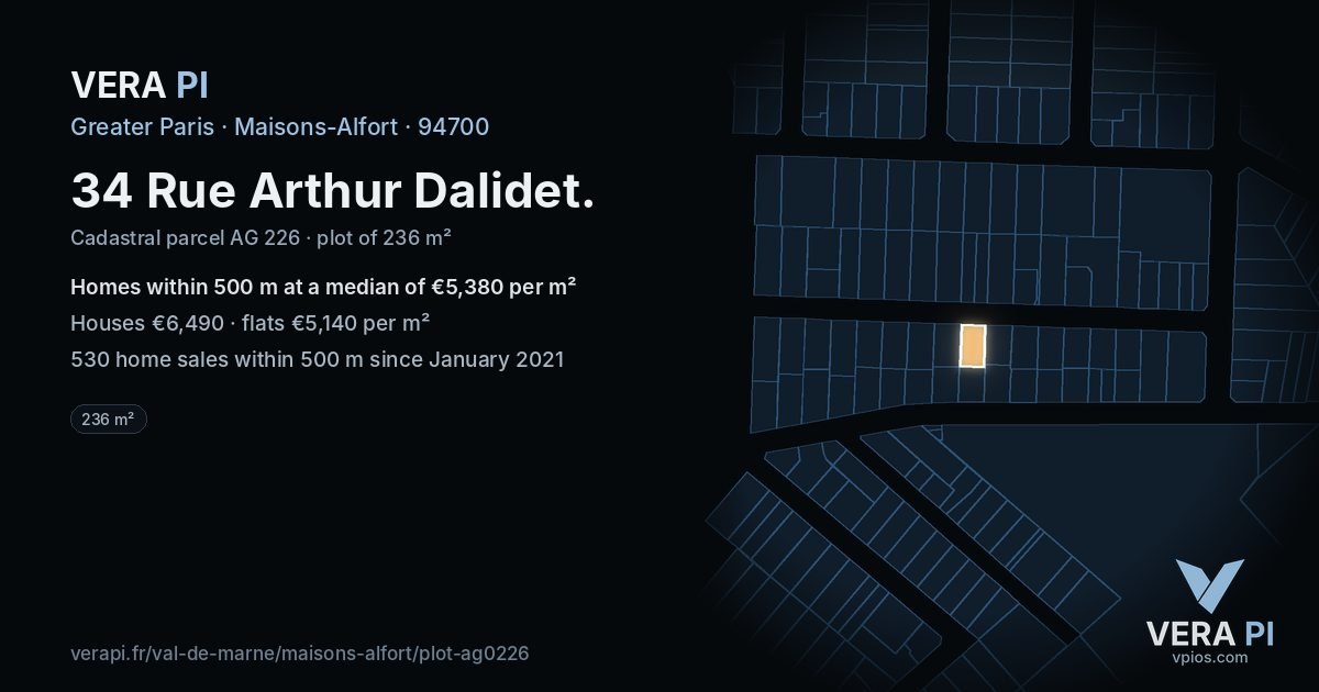 34 Rue Arthur Dalidet, Maisons-Alfort at night – the plot lit, the parcels around coloured by the prices near them