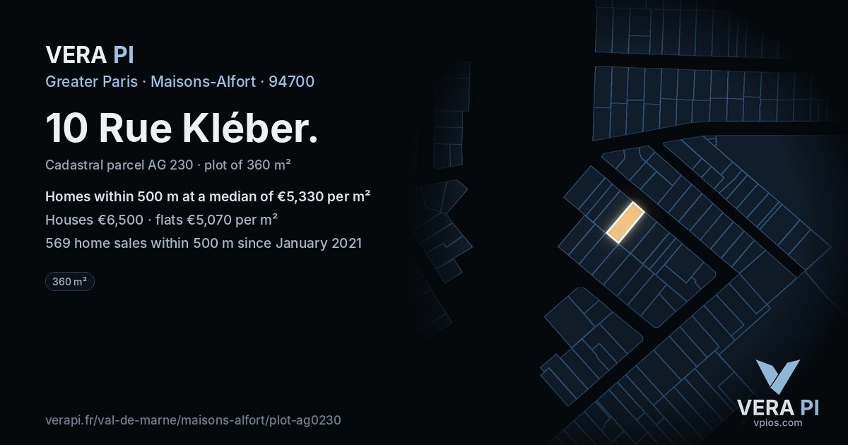 10 Rue Kléber, Maisons-Alfort at night – the plot lit, the parcels around coloured by the prices near them