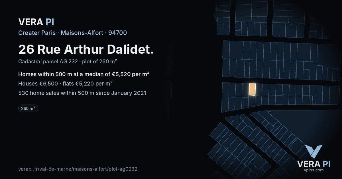 26 Rue Arthur Dalidet, Maisons-Alfort at night – the plot lit, the parcels around coloured by the prices near them