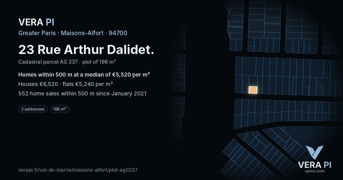 23 Rue Arthur Dalidet, Maisons-Alfort at night – the plot lit, the parcels around coloured by the prices near them