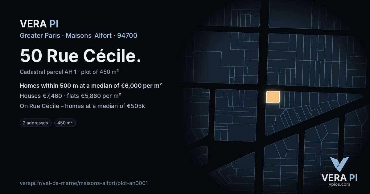 50 Rue Cécile, Maisons-Alfort at night – the plot lit, the parcels around coloured by the prices near them