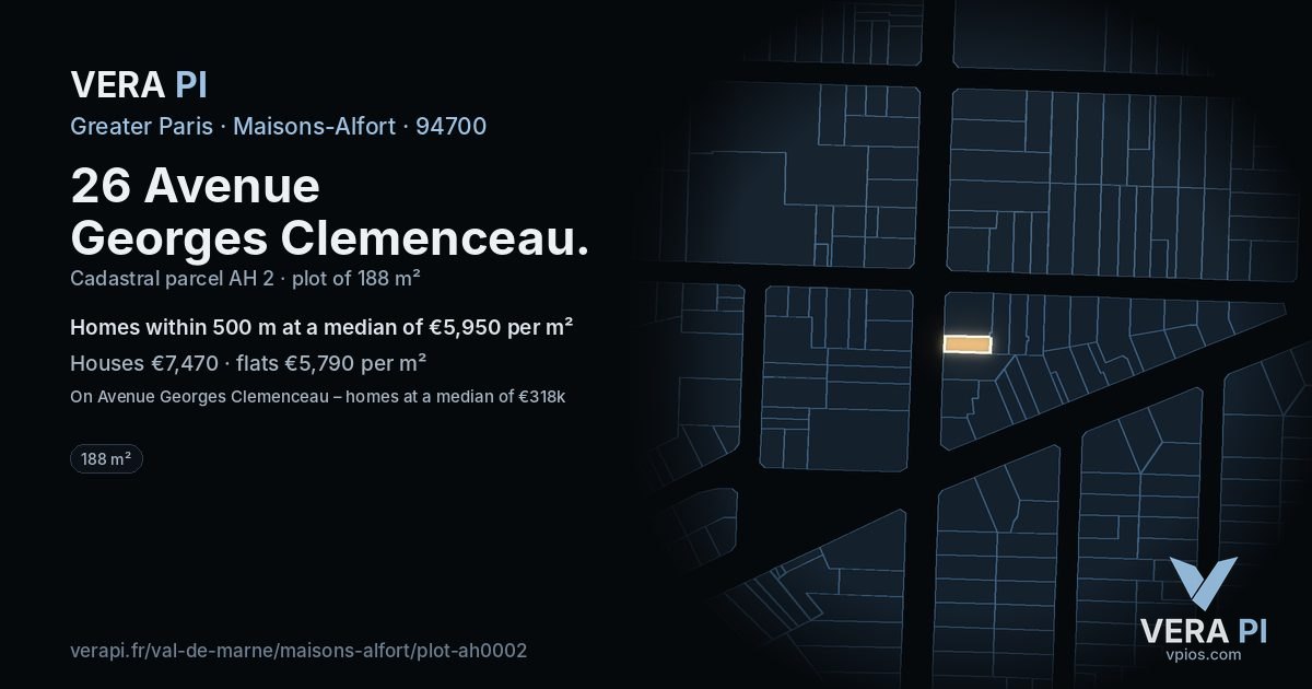 26 Avenue Georges Clemenceau, Maisons-Alfort at night – the plot lit, the parcels around coloured by the prices near them