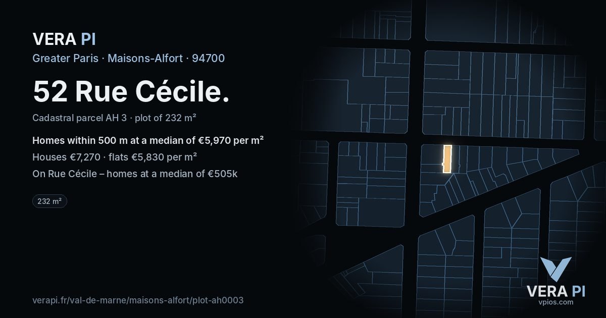 52 Rue Cécile, Maisons-Alfort at night – the plot lit, the parcels around coloured by the prices near them
