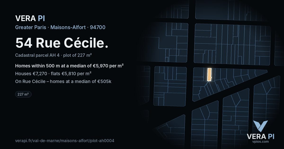54 Rue Cécile, Maisons-Alfort at night – the plot lit, the parcels around coloured by the prices near them