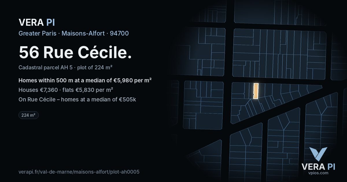 56 Rue Cécile, Maisons-Alfort at night – the plot lit, the parcels around coloured by the prices near them