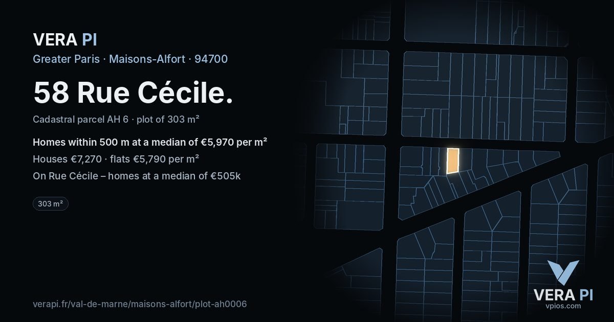 58 Rue Cécile, Maisons-Alfort at night – the plot lit, the parcels around coloured by the prices near them