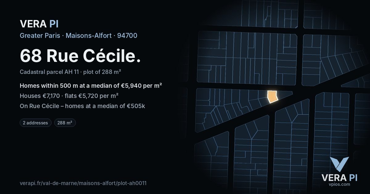 68 Rue Cécile, Maisons-Alfort at night – the plot lit, the parcels around coloured by the prices near them