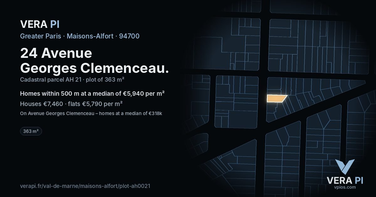 24 Avenue Georges Clemenceau, Maisons-Alfort at night – the plot lit, the parcels around coloured by the prices near them