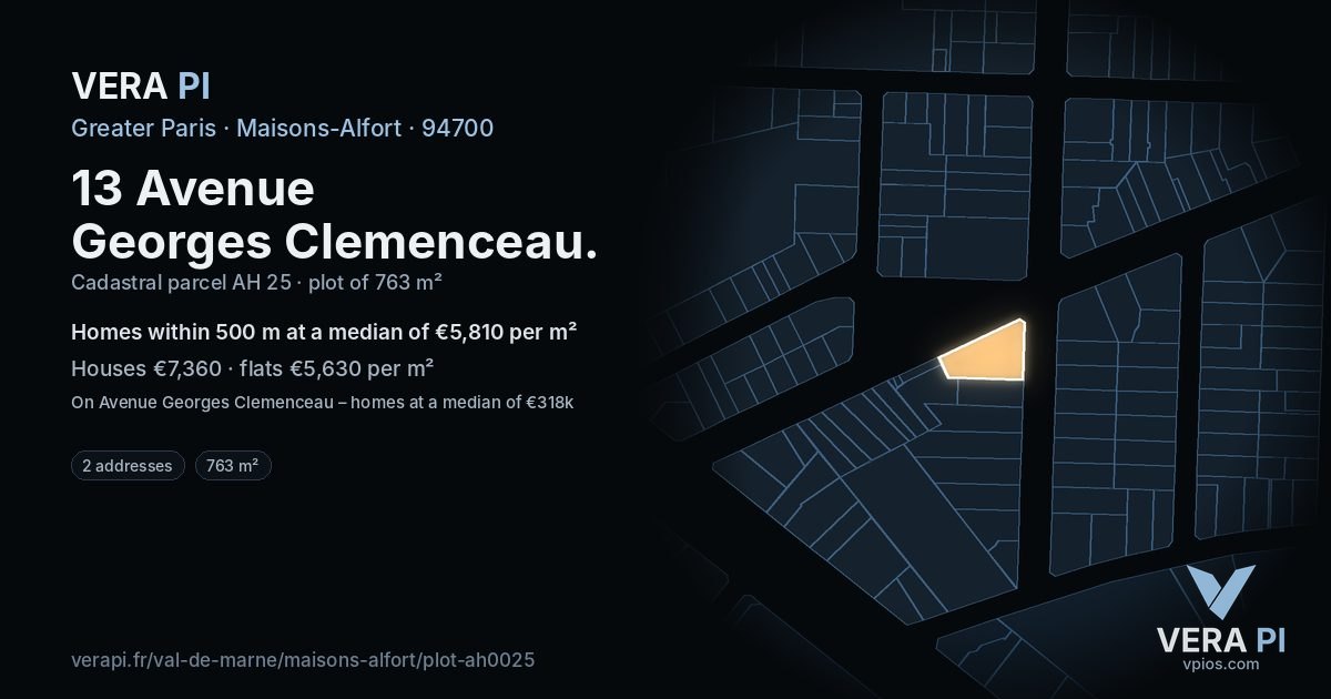 13 Avenue Georges Clemenceau, Maisons-Alfort at night – the plot lit, the parcels around coloured by the prices near them