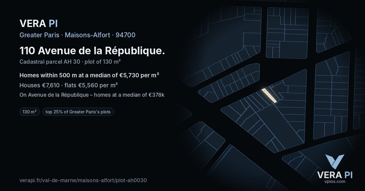 110 Avenue de la République, Maisons-Alfort at night – the plot lit, the parcels around coloured by the prices near them