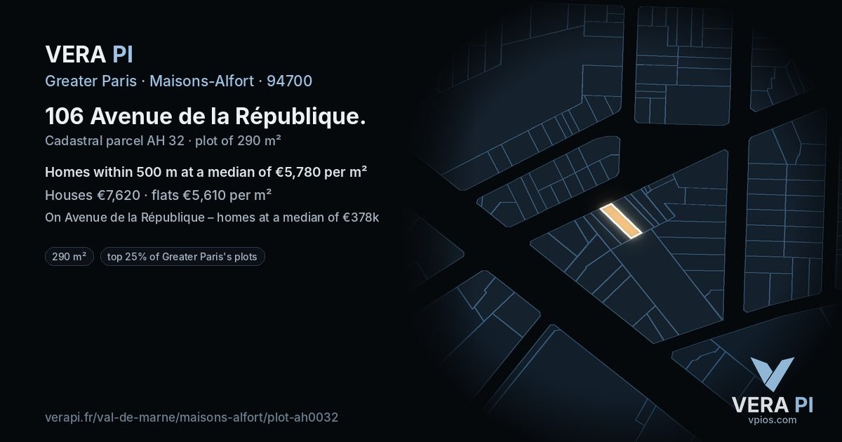 106 Avenue de la République, Maisons-Alfort at night – the plot lit, the parcels around coloured by the prices near them