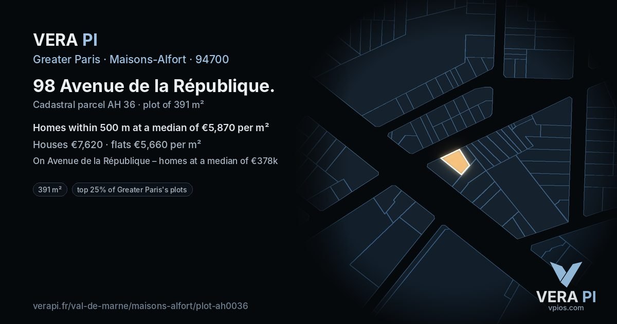 98 Avenue de la République, Maisons-Alfort at night – the plot lit, the parcels around coloured by the prices near them