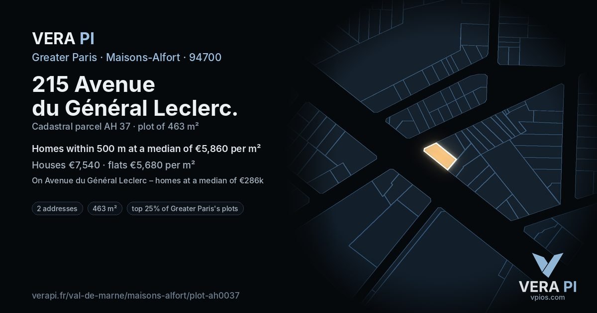 215 Avenue du Général Leclerc, Maisons-Alfort at night – the plot lit, the parcels around coloured by the prices near them