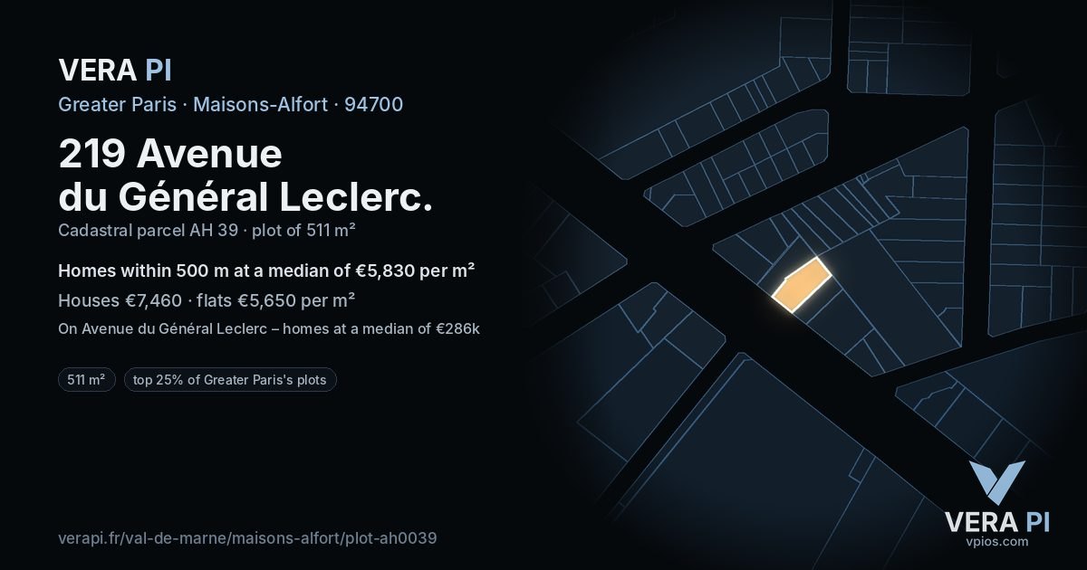 219 Avenue du Général Leclerc, Maisons-Alfort at night – the plot lit, the parcels around coloured by the prices near them