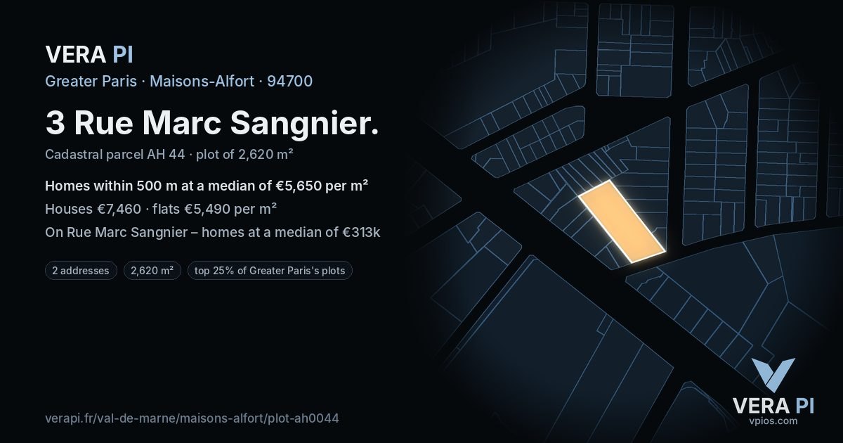 3 Rue Marc Sangnier, Maisons-Alfort at night – the plot lit, the parcels around coloured by the prices near them
