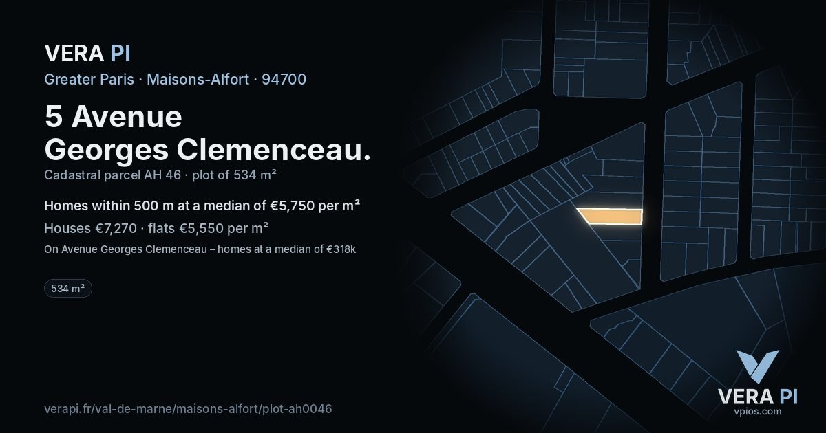 5 Avenue Georges Clemenceau, Maisons-Alfort at night – the plot lit, the parcels around coloured by the prices near them