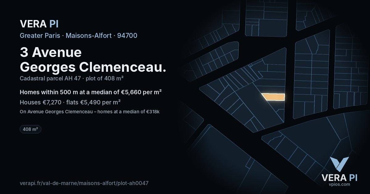 3 Avenue Georges Clemenceau, Maisons-Alfort at night – the plot lit, the parcels around coloured by the prices near them