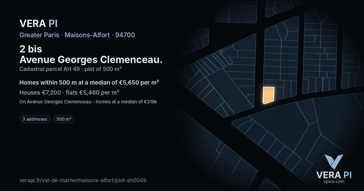 2 bis Avenue Georges Clemenceau, Maisons-Alfort at night – the plot lit, the parcels around coloured by the prices near them