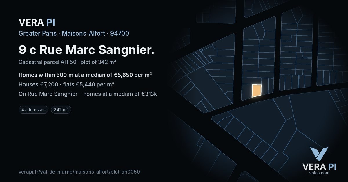 9 c Rue Marc Sangnier, Maisons-Alfort at night – the plot lit, the parcels around coloured by the prices near them