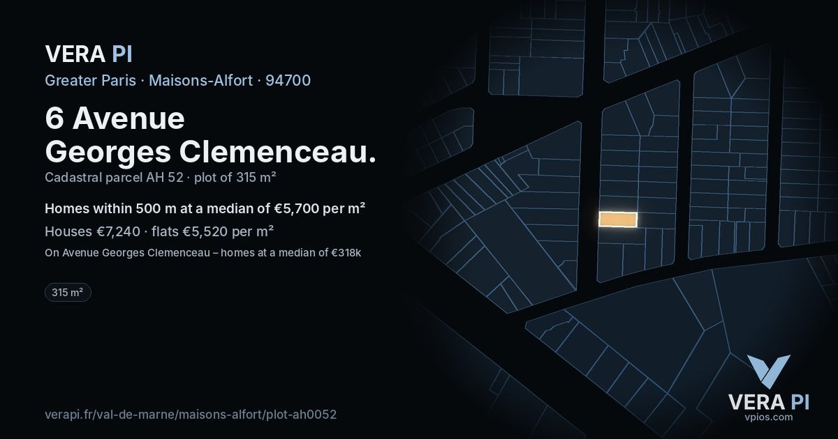 6 Avenue Georges Clemenceau, Maisons-Alfort at night – the plot lit, the parcels around coloured by the prices near them