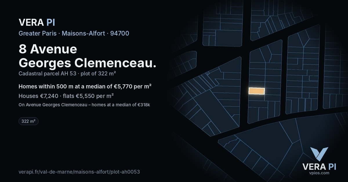 8 Avenue Georges Clemenceau, Maisons-Alfort at night – the plot lit, the parcels around coloured by the prices near them
