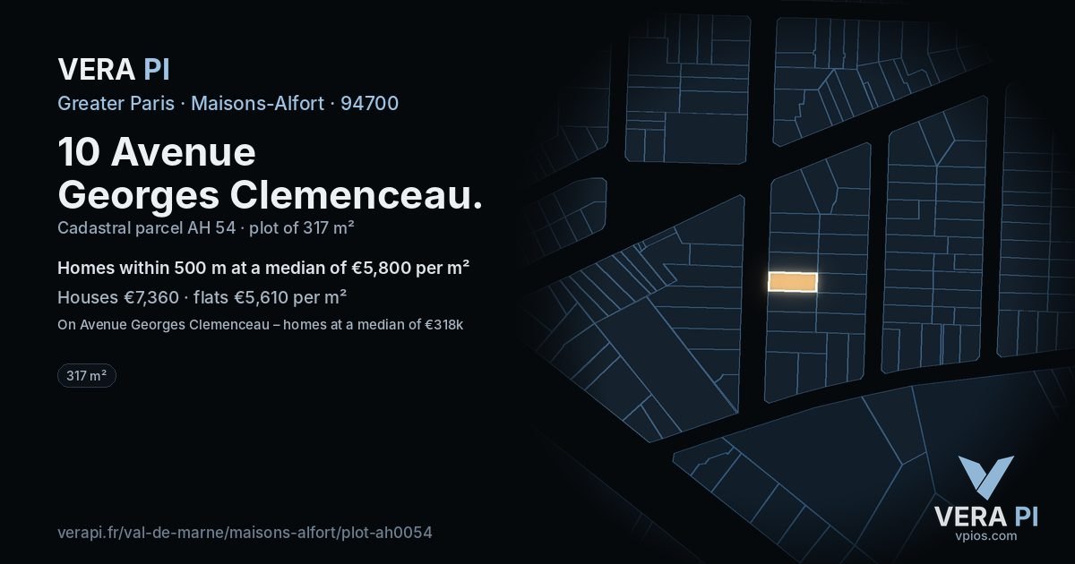 10 Avenue Georges Clemenceau, Maisons-Alfort at night – the plot lit, the parcels around coloured by the prices near them