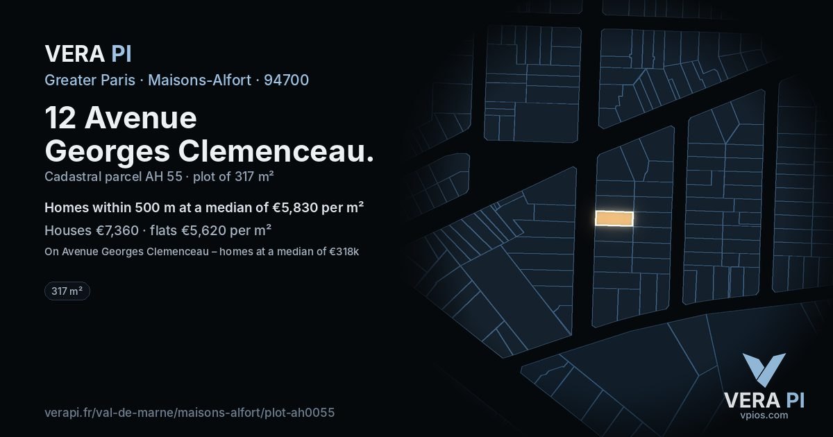 12 Avenue Georges Clemenceau, Maisons-Alfort at night – the plot lit, the parcels around coloured by the prices near them