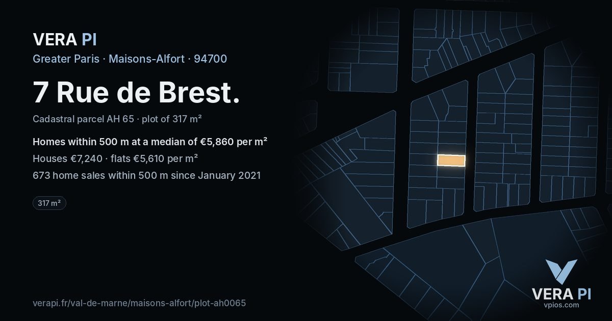 7 Rue de Brest, Maisons-Alfort at night – the plot lit, the parcels around coloured by the prices near them