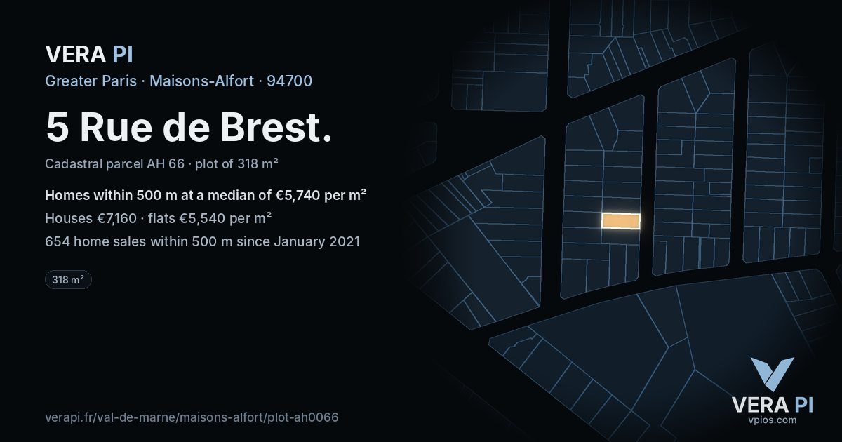 5 Rue de Brest, Maisons-Alfort at night – the plot lit, the parcels around coloured by the prices near them