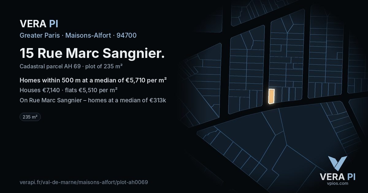 15 Rue Marc Sangnier, Maisons-Alfort at night – the plot lit, the parcels around coloured by the prices near them
