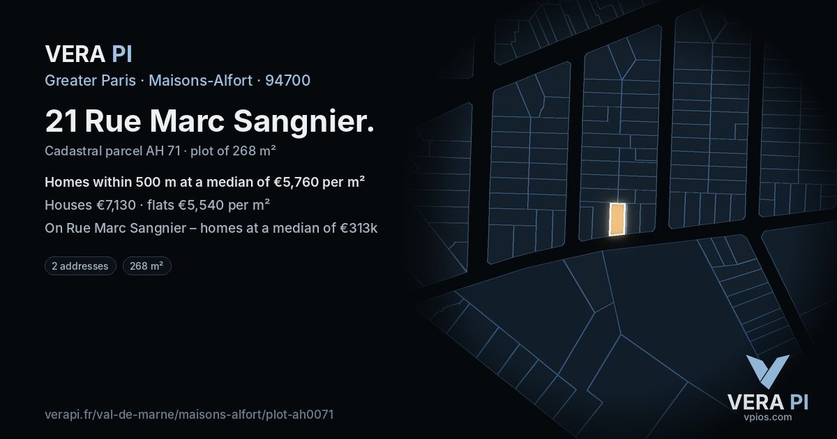 21 Rue Marc Sangnier, Maisons-Alfort at night – the plot lit, the parcels around coloured by the prices near them