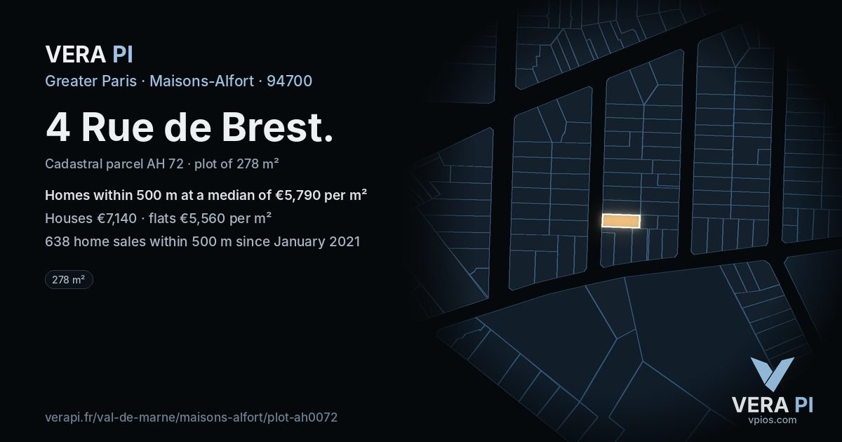 4 Rue de Brest, Maisons-Alfort at night – the plot lit, the parcels around coloured by the prices near them