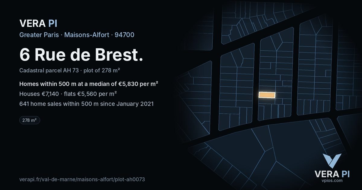 6 Rue de Brest, Maisons-Alfort at night – the plot lit, the parcels around coloured by the prices near them