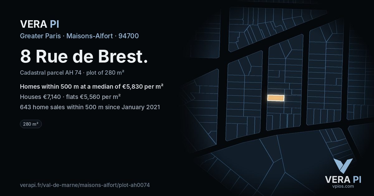 8 Rue de Brest, Maisons-Alfort at night – the plot lit, the parcels around coloured by the prices near them