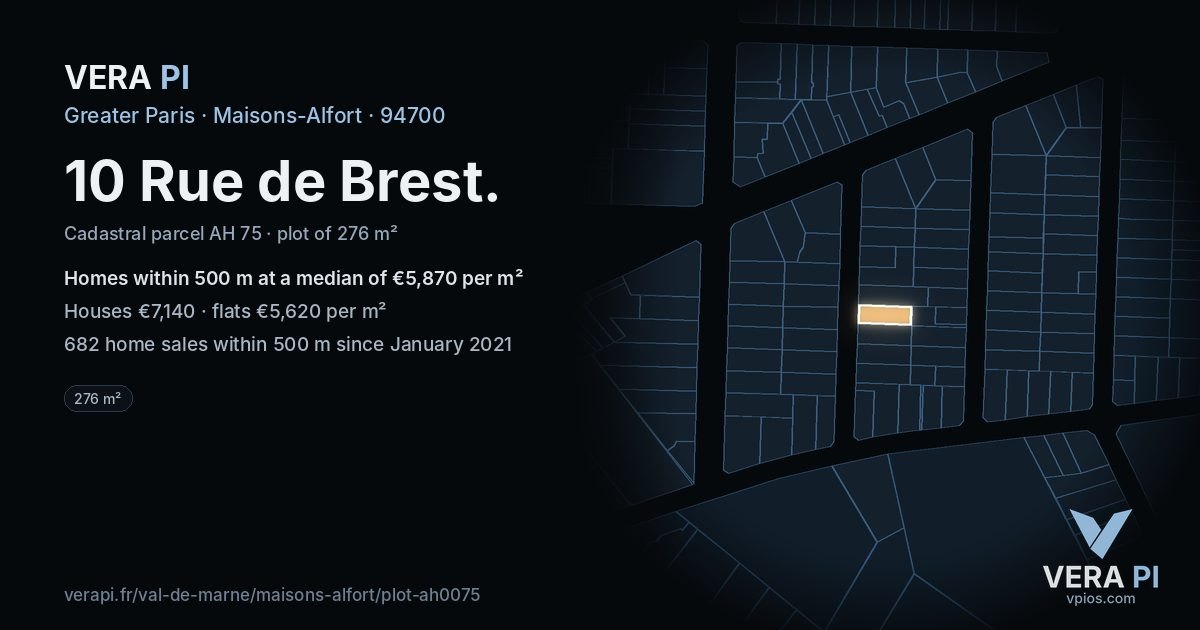 10 Rue de Brest, Maisons-Alfort at night – the plot lit, the parcels around coloured by the prices near them