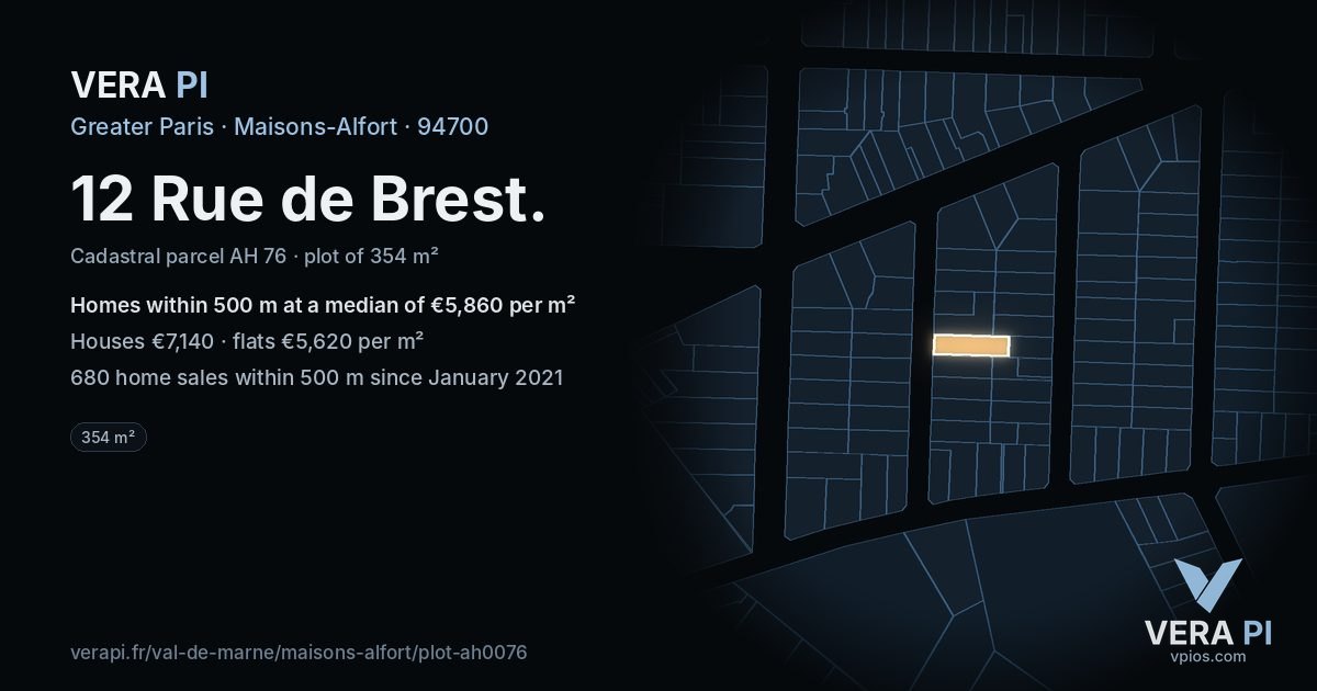 12 Rue de Brest, Maisons-Alfort at night – the plot lit, the parcels around coloured by the prices near them