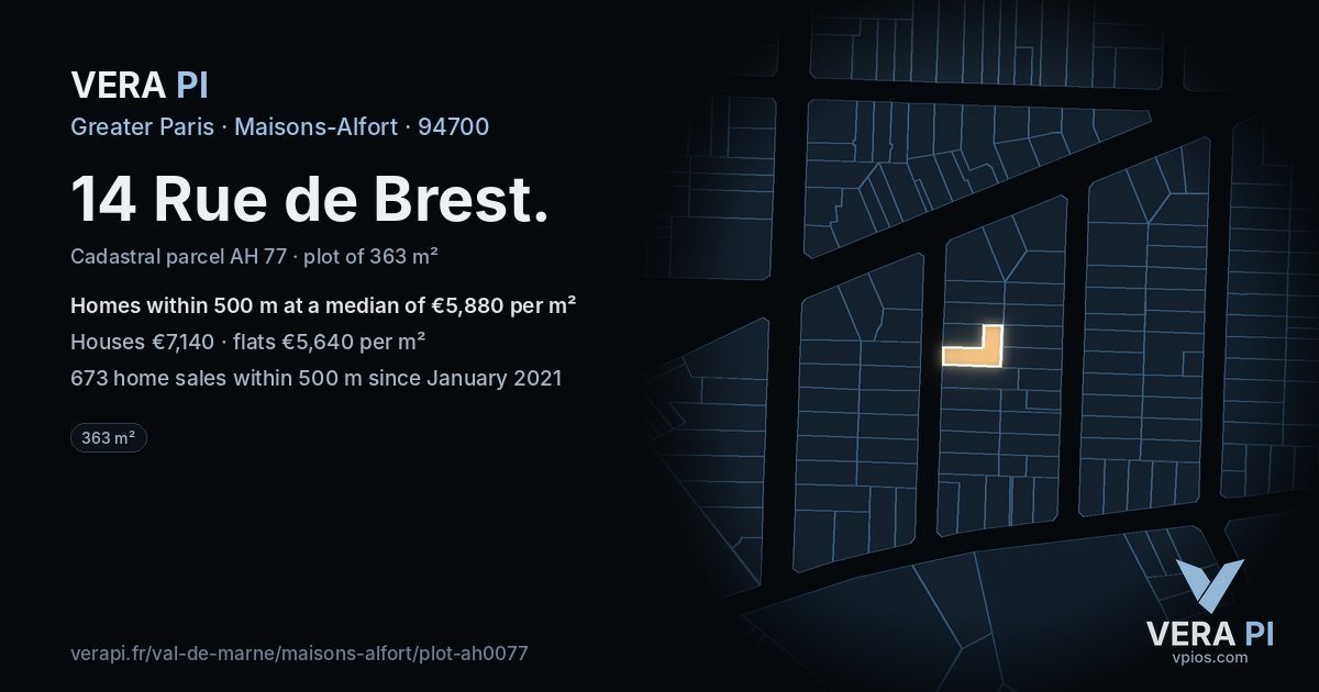 14 Rue de Brest, Maisons-Alfort at night – the plot lit, the parcels around coloured by the prices near them