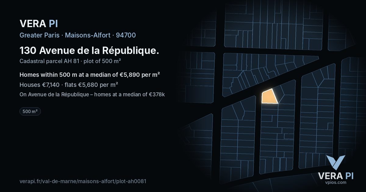 130 Avenue de la République, Maisons-Alfort at night – the plot lit, the parcels around coloured by the prices near them