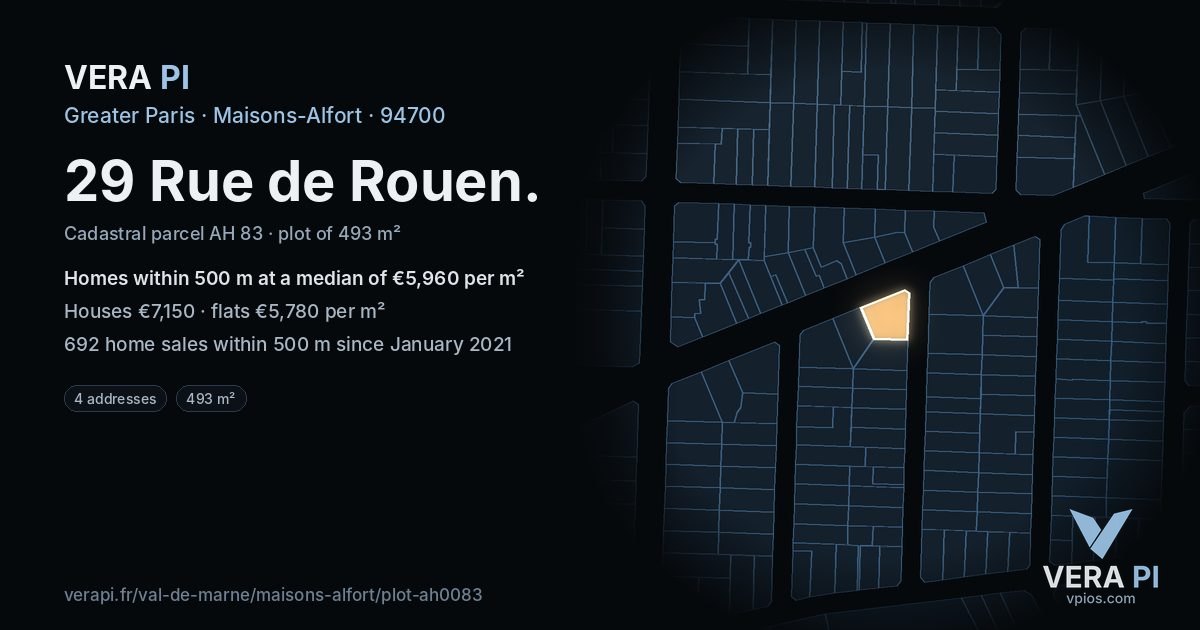 29 Rue de Rouen, Maisons-Alfort at night – the plot lit, the parcels around coloured by the prices near them