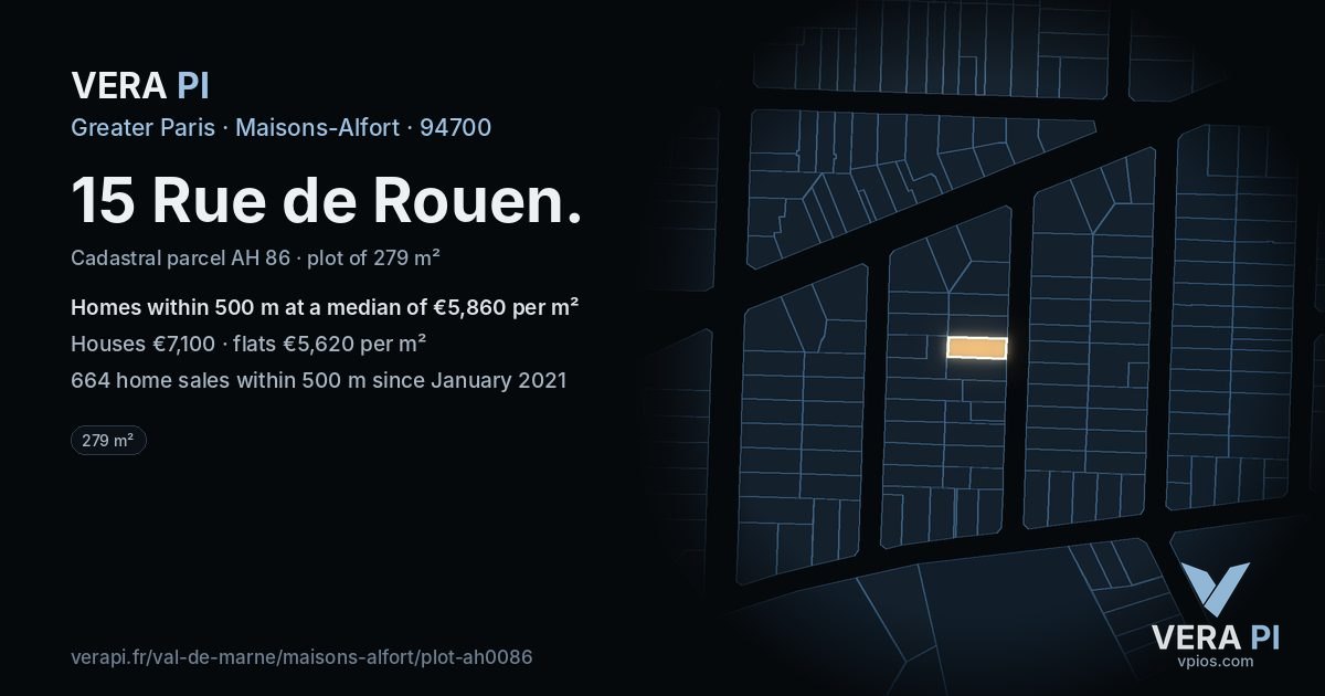 15 Rue de Rouen, Maisons-Alfort at night – the plot lit, the parcels around coloured by the prices near them