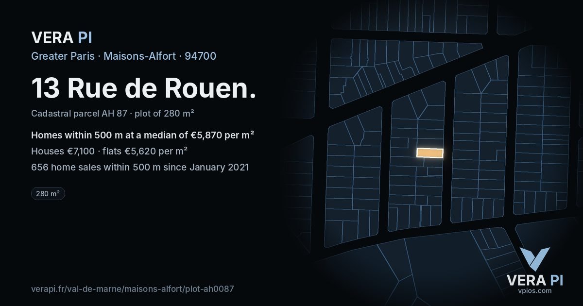 13 Rue de Rouen, Maisons-Alfort at night – the plot lit, the parcels around coloured by the prices near them